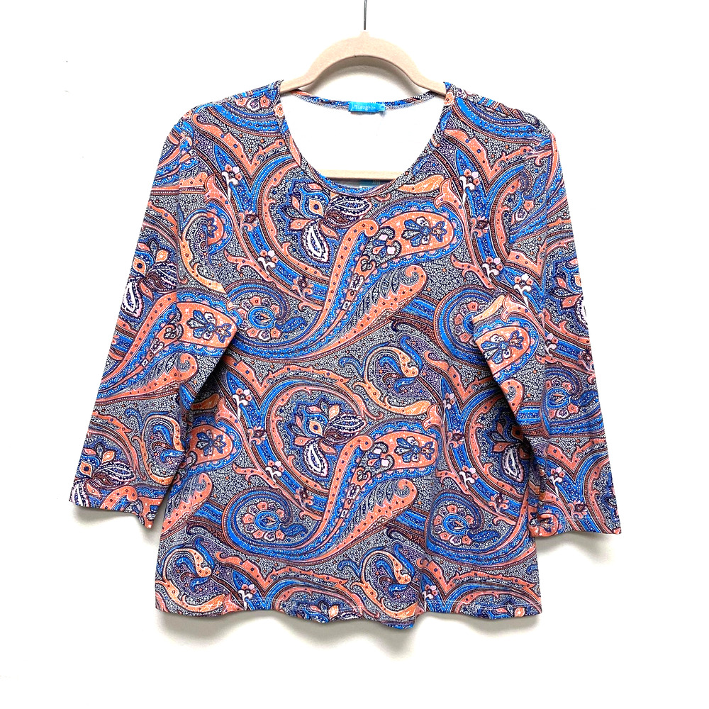 J. Mclaughlin Blue Orange Signature Mini Leaf Paisley 3/4 Sleeve Print Top XL